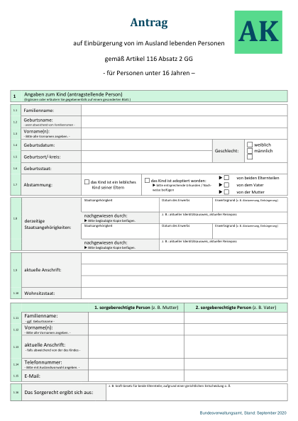 Wiedereinbürgerung nach Art. 116(2) — Antrag für ein Kind (Antrag AK) — amtliches Formular zur deutschen Staatsangehörigkeit, erste Seite