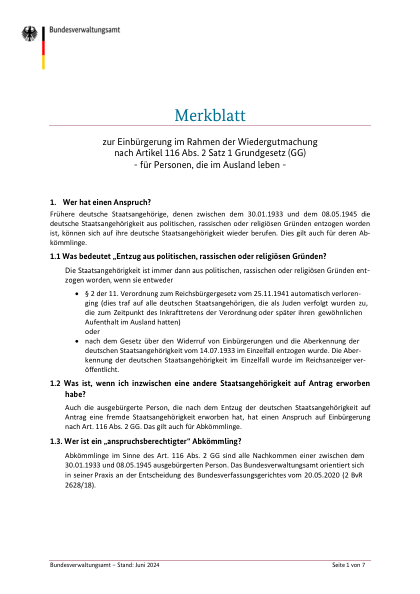 Wiedereinbürgerung nach Art. 116(2) — Merkblatt (Merkblatt) — amtliches Formular zur deutschen Staatsangehörigkeit, erste Seite