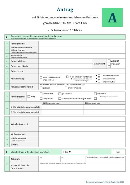 Article 116(2) restoration application — official German citizenship form, first page