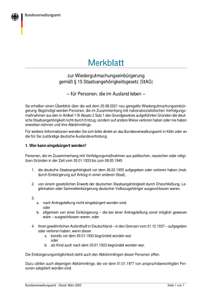 Wiedergutmachung nach §15 StAG — Merkblatt (E15 Merkblatt) — amtliches Formular zur deutschen Staatsangehörigkeit, erste Seite