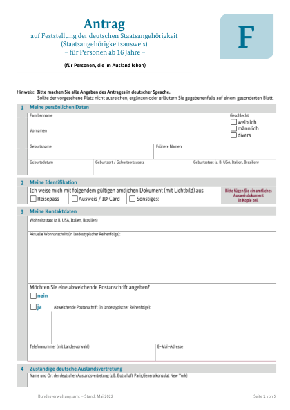 Determination of German citizenship (StAG) — official German citizenship form, first page