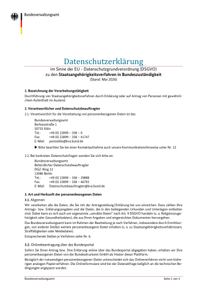 Datenschutzerklärung im Sinne der EU-Datenschutzgrundverordnung (DSGVO) zu den Staatsangehörigkeitsverfahren in Bundeszuständigkeit PDF, 258 — amtliches Formular zur deutschen Staatsangehörigkeit, erste Seite