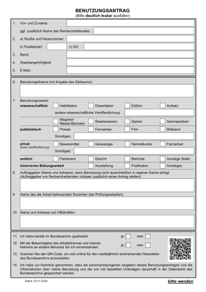Federal Archives (Bundesarchiv) request — official German citizenship form, first page