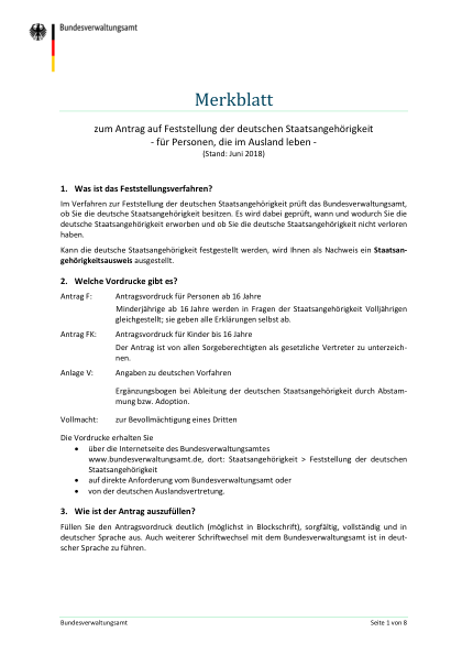 Anlage V — Anlage zu den Vorfahren (eine je Vorfahr, Feststellung) — amtliches Formular zur deutschen Staatsangehörigkeit, erste Seite