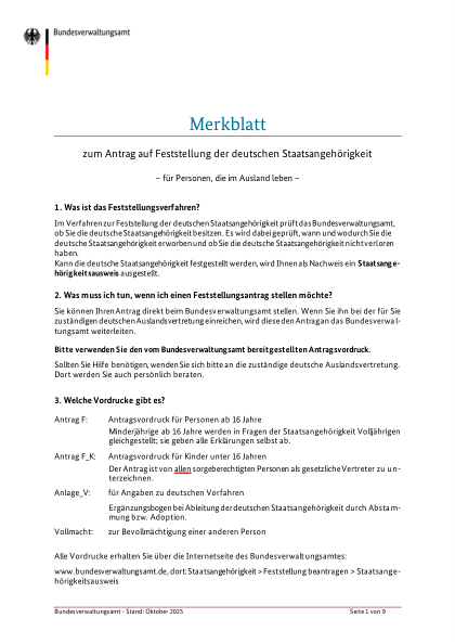 Feststellungsverfahren — Merkblatt (Merkblatt F) — amtliches Formular zur deutschen Staatsangehörigkeit, erste Seite