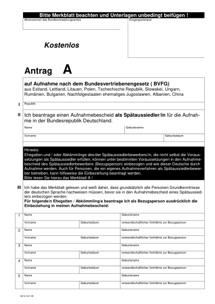Spätaussiedler-Aufnahmebescheid — Antrag (Antrag A) — amtliches Formular zur deutschen Staatsangehörigkeit, erste Seite