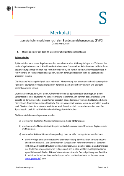 Spätaussiedleraufnahme — Merkblatt (Merkblatt S) — amtliches Formular zur deutschen Staatsangehörigkeit, erste Seite