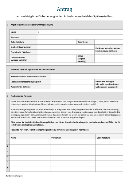 Spätaussiedler — nachträgliche Einbeziehung von Familienangehörigen (Antrag nachtr. EBS) — amtliches Formular zur deutschen Staatsangehörigkeit, erste Seite